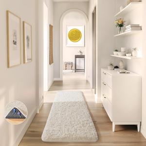 Ophanie Runner Rug for Hallway, 2x6 Upgrade Non-Slip Fluffy Soft Bedside Rugs, Bedroom Living Room Ivory Shaggy Carpet for Kids Girls Boys Dorm Nursery Home Decor Aesthetic