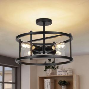 16'' Semi Flush Mount Ceiling Light 4-Light Industrial Light Fixtures Ceiling Mount Black Chandelier Light Fxiture for Kitchen Dining Room Entryway Bedroom Living Room (Dia.16"-Round)