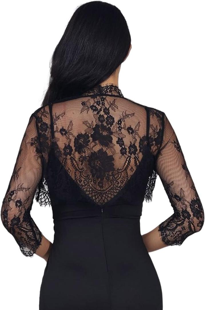 Unicra Wedding Bride Lace Shrugs for Women 3/4 Sleeves Lace Bolero Jackets for Evening Dresses Bolero Shrugs Top for Dresses (Black), Smal