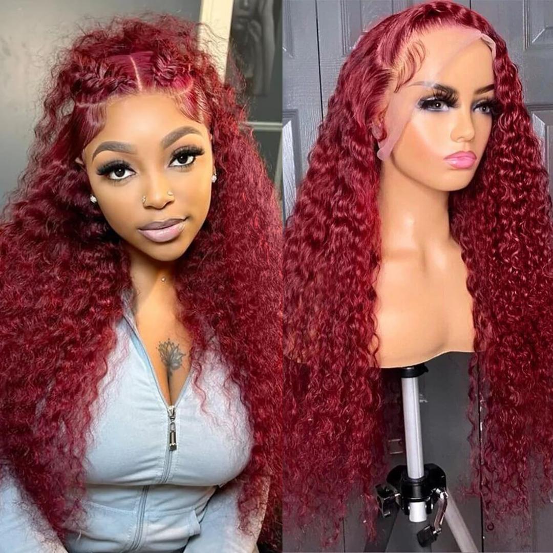 30 Inch Burgundy Wig Human Hair 99j Burgundy 13x6 Deep Wave Lace Front Wigs Human Hair Pre Plucked HD Transparent Lace Frontal Wigs for Black Women Red Colored Wig