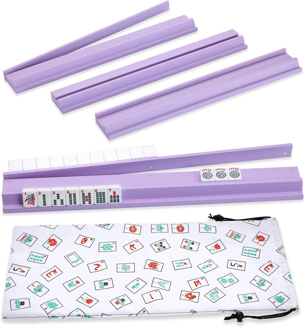 Mahjong Racks with Pushers, Purple Wooden American Mahjong Tile Pushers and Racks Set of 4, with White Printed Mahjong Racks Drawstring Bag, Mahjong Accessories (19.68 Inches), 19.68" L x 2.55" W x 1.06" H