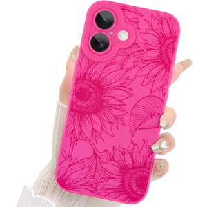 Fiyart Designed for iPhone 16 Case Cute Flower Floral Sunflowers Design,Soft Slim TPU Anti-Scratch Phone Cover for Women Girls 6.1"-Hot Pink