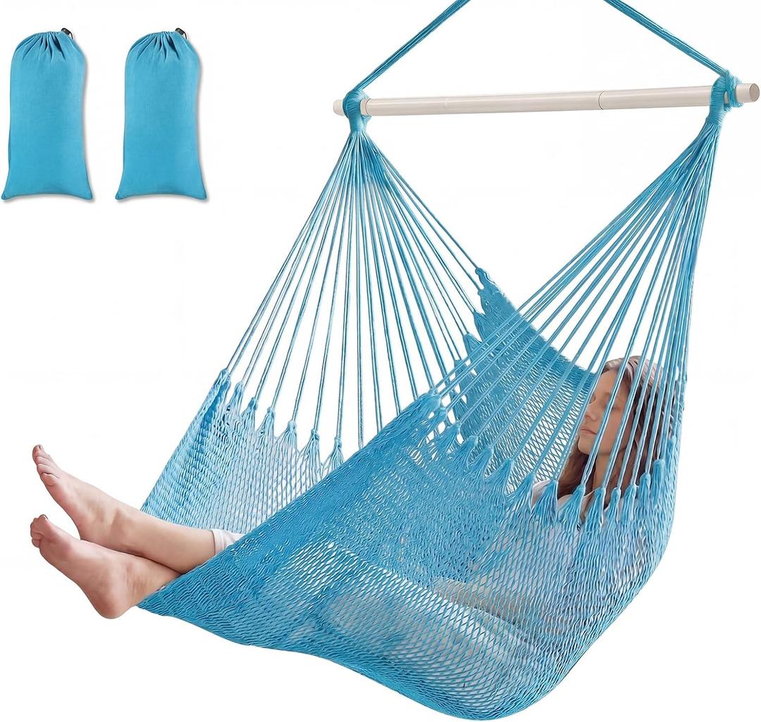 Barydat 2 Pcs Hanging Hammock Chair Boho Swing Chair Outdoor Indoor Comfy Soft Cotton Rope Weaving with 40 Inch Detachable Metal Bars for Backyard Living Room Garden, 270lb Capacity(Blue)