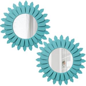 Honiway Beach Wall Decor Mirror 2 Pack 12 inch Wood Coastal Wall Decor Sunburst Boho Home Decor Room Decor for Bedroom Living Room Entryway Cyan