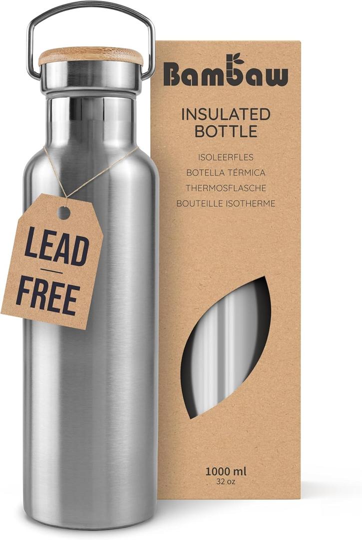 Bambaw 32 oz Water Bottle | Insulated Water Bottles | Water Bottle Stainless Steel | Insulated Travel Water Bottle | Insulated Water Bottle | Stainless Steel Water Bottles | 1 Liter Water Bottles (Silver)