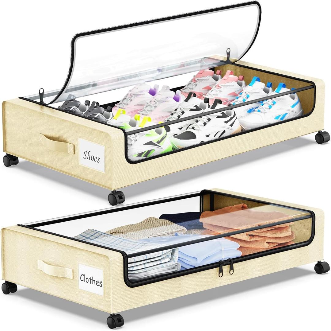 Under Bed Storage with Wheels, 2-Pack Underbed Storage Containers with Clear Lids, Under Bed Shoe Storage Organizer, Rolling Under Bed Storage for Clothes Shoes Blankets (Beige)