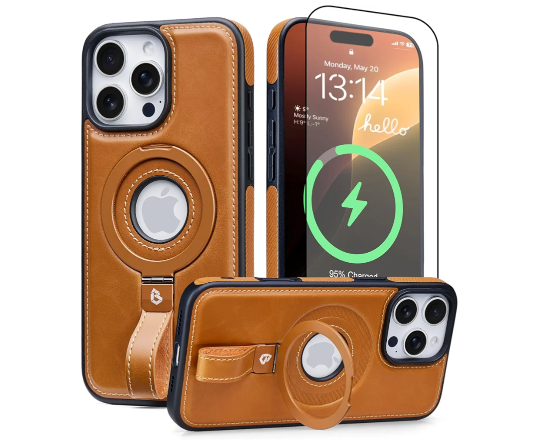 for iPhone 16 Pro Leather Case with Stand, Anti-Slip Grip Ring, Fits for MagSafe (Brown, IP 16 Pro-6.3inch)