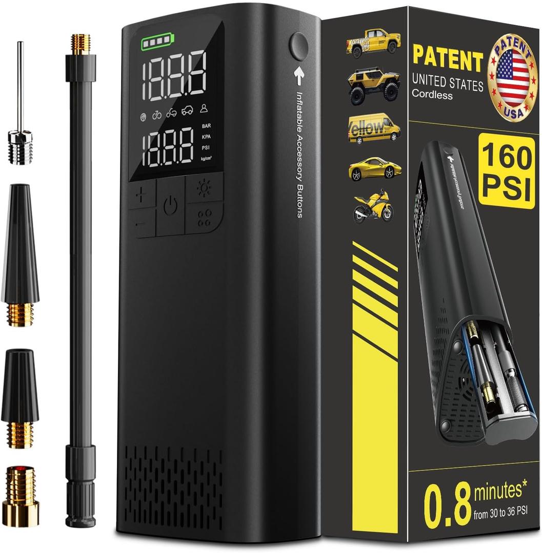 BBD Car Tire Inflator Portable Air Compressor, 0.8 Min Full Inflation 160 PSI Digital Electric Auto Air Pump with Pressure Gauge, Type-c Charging Cable, Emergency LED Light for Car Bike Balls Motorcycle
