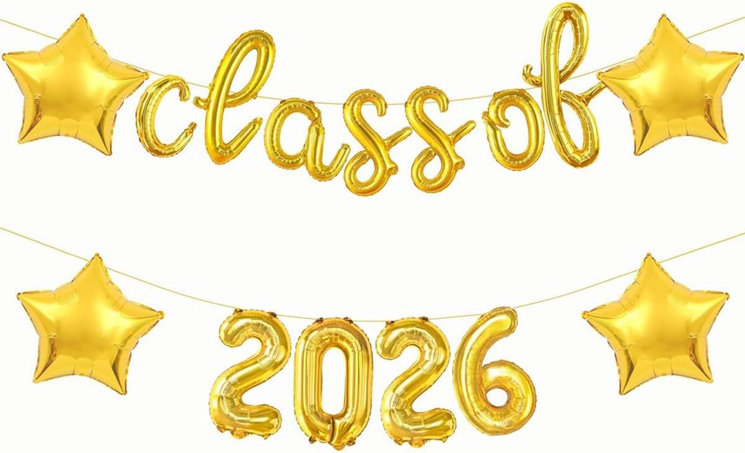 2 x Gold Class of 2026 Balloons 16 Inch Graduation Balloons Class of 2026 Balloon with Star Balloons for Graduation Decorations 2026