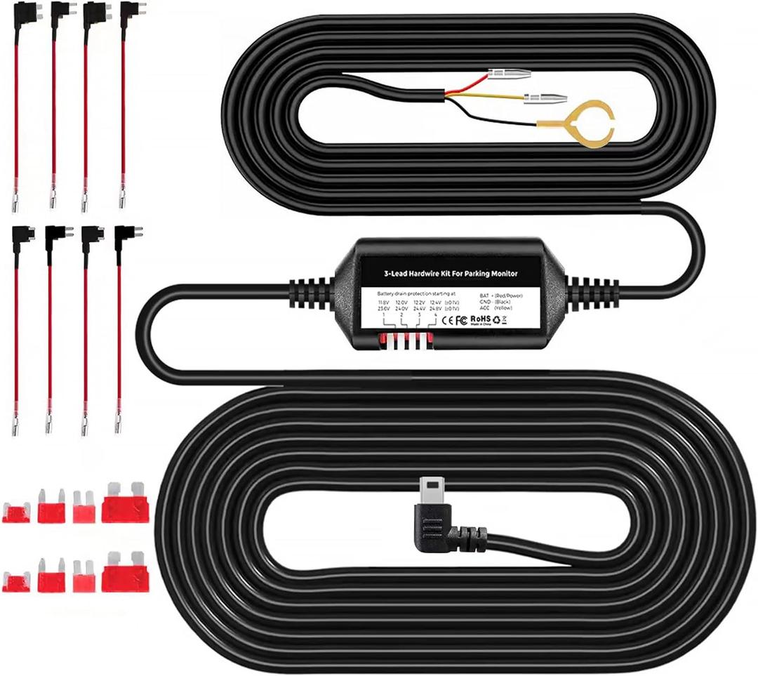 Dash Cam Acc Multi-Size Hardwire Kit with Voltage Indicator for Dash Camera, USB C Power Port, 24H Parking Monitoring with Low Voltage Protection