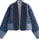 Wyeysyt Women's Cropped Puffer Quilted Jacket Cardigan Floral Printed Lightweight Long Sleeve Open Front Short Padded Coats (Medium, Black)