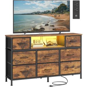 SONGMICS Dresser for Bedroom with Outlets & LED Lights, 8 Fabric Drawers, 11.8"D x 44.8"W x 26.8"H