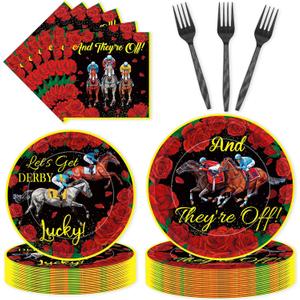 Romart 96Pcs Kentucky Party Supplies, Derby Rose Horse Racing Tableware Sets Including Disposable Paper Plates Napkins Forks Serves 24 for Derby Day Horse Themed Party Decorations