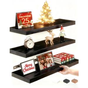 Vervida Floating Shelves for Wall, 15" Rustic Wood Deep Wall Mounted Shelves with Invisible Brackets for Decor & Storage, Floating Shelf for Living Room, Bathroom (Black, Set of 3)