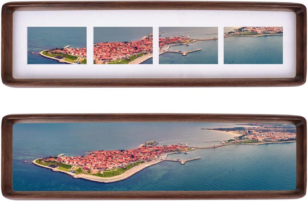 4x16 Collage Picture Frame Walnut Wood, Multiple Four 2x3 Photos or 4x16 without Mat, Rustic Photo Frame with Tempered Glass Hanging or Tabletop Displaying Horizontally or Vertically