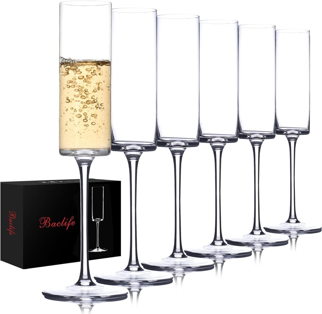 BACLIFE Crystal Champagne Flutes Set of 6 - Hand Blown Champagne Glasses With Long Stem - 6.5 oz Elegant Sparkling W Stemware - Unique Gift for Mother's Day,Birthday,Wedding - Clear