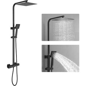 Homevacious Wall Mount Outdoor Shower Kit 9 Inch Rainfall Shower Head Handheld Spray Single handle Center Exposed Shower with Square Shower Head Matte Black