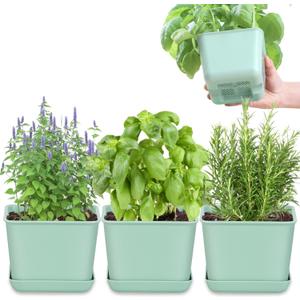 Herb Garden Planter Indoor Kit Pots for Indoor/Outdoor Plants 4 Packs Windowsill Plant Pots with Drainage and Tray, Window Pot for Indoor Plants (Green)