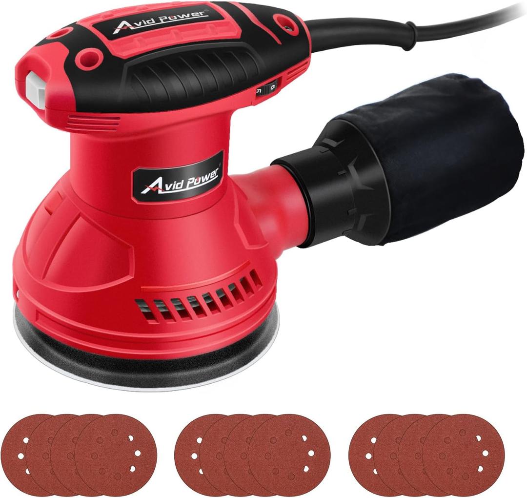 AVID POWER Orbital Sander 3.0 Amp 5 Inch Electric Sander Tool 6 Variable Speeds Random Orbit Sander for Woodworking, 7000-14000 RPM, 12 Pcs Sandpapers (Dark Red)