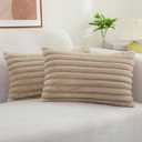 decorUhome Faux Fur Throw Pillow Covers 12x20 Set of 2, Decorative Soft Plush Striped Lumbar Neutral Couch Pillow Covers with Velvet Back for Sofa, Bed, Living Room Home Decor, Khaki