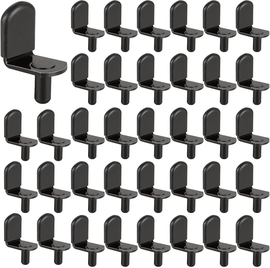 QTLCOHD 100Pcs Shelf Support Pegs 5mm Cabinet Shelf Pins L-Shaped Shelf Pins Style Metal Adjustable Shelving Pegs with Rubber Sleeve for Wood Shelving Cabinet Bookcase (Black)
