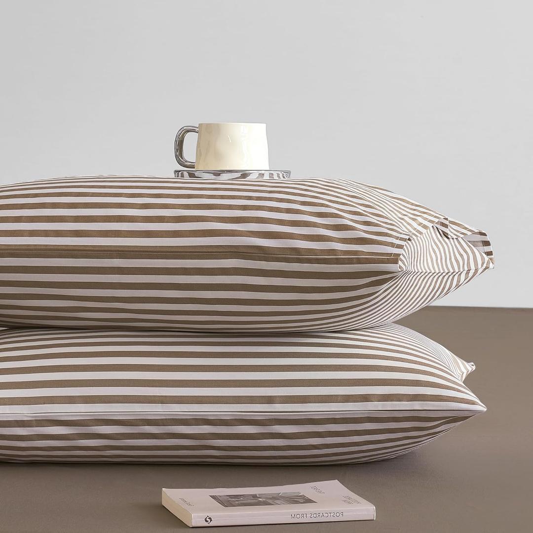 JELLYMONI Cotton Striped Pillowcases Set of 2, Tan, Standard | Soft breathable feel, Envelope closure, 400TC cotton, Machine washable, Gentle on skin