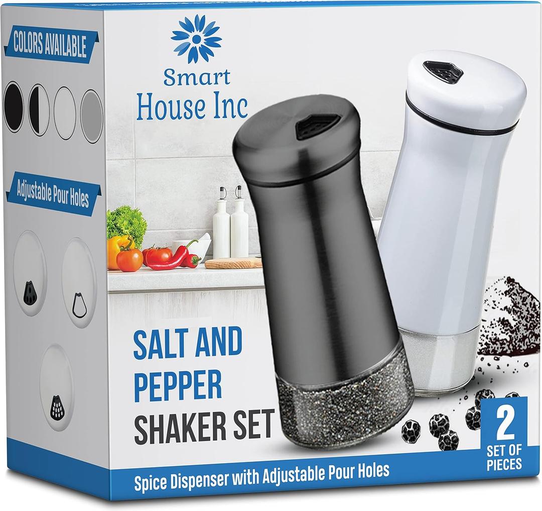 The Original Salt and Pepper Shakers set - Black & White - Spice Dispenser with Adjustable Pour Holes - Stainless Steel & Glass - Set of 2 Bottles