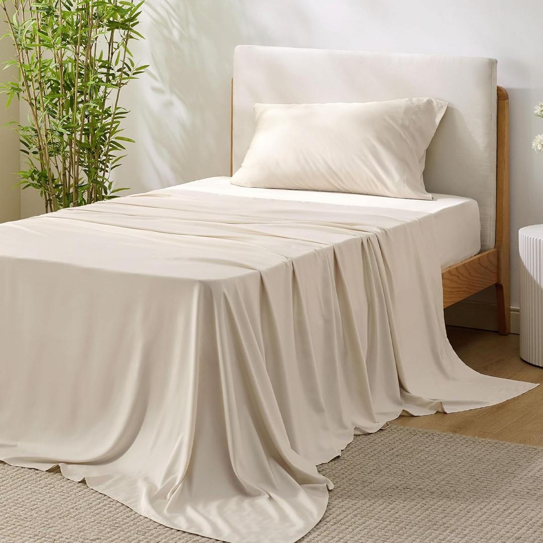 Bedsure Twin Sheet Set, Cooling Sheets for Twin Size Bed Set, Rayon Derived from Bamboo, Breathable & Soft Deep Pocket Up to 16 Inches, Hotel Luxury Silky Bedding, Bedsheet & Pillowcases, Light Beige (12 - Light Beige)