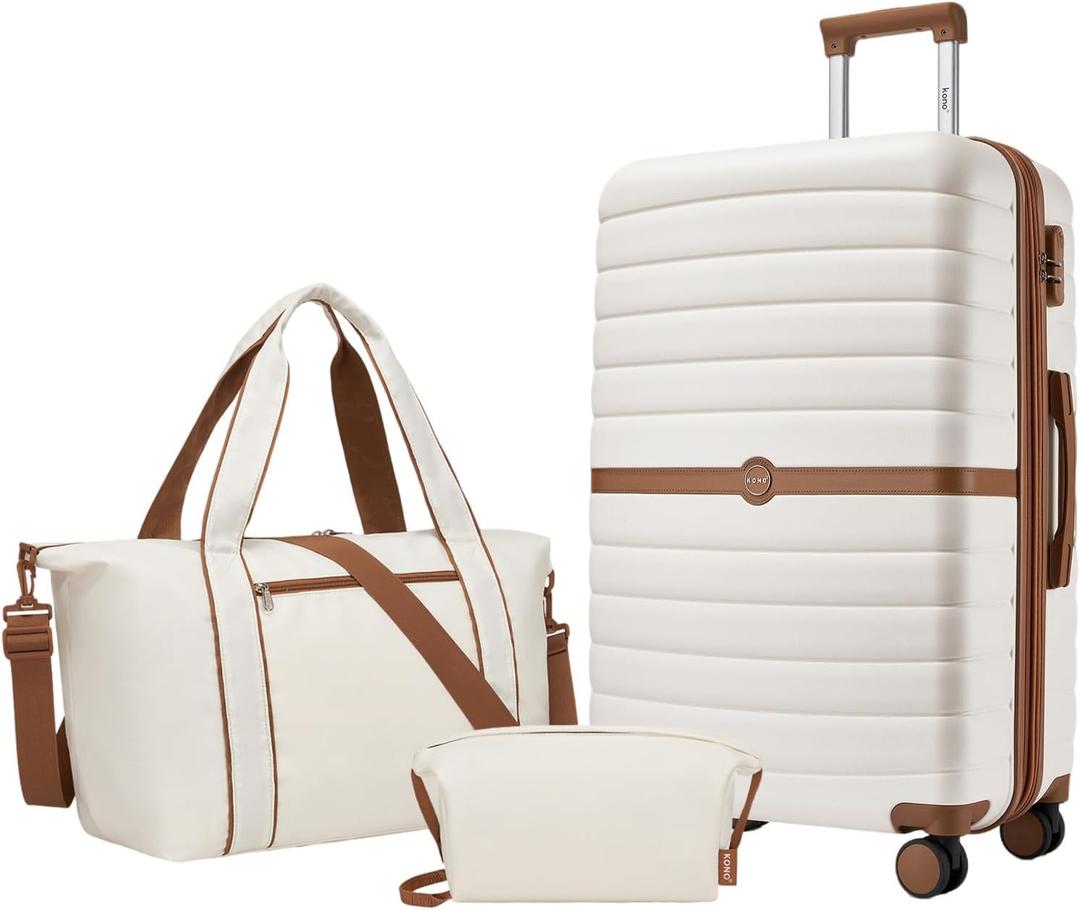 Kono Luggage Sets 3 Piece, Expandable 28 Inch Luggage with Spinner Wheels, Lightweight & Anti-Scratch PC+ABS Hardshell Travel Rolling Suitcase Large Checked Luggage with Tote Bag, White/Brown