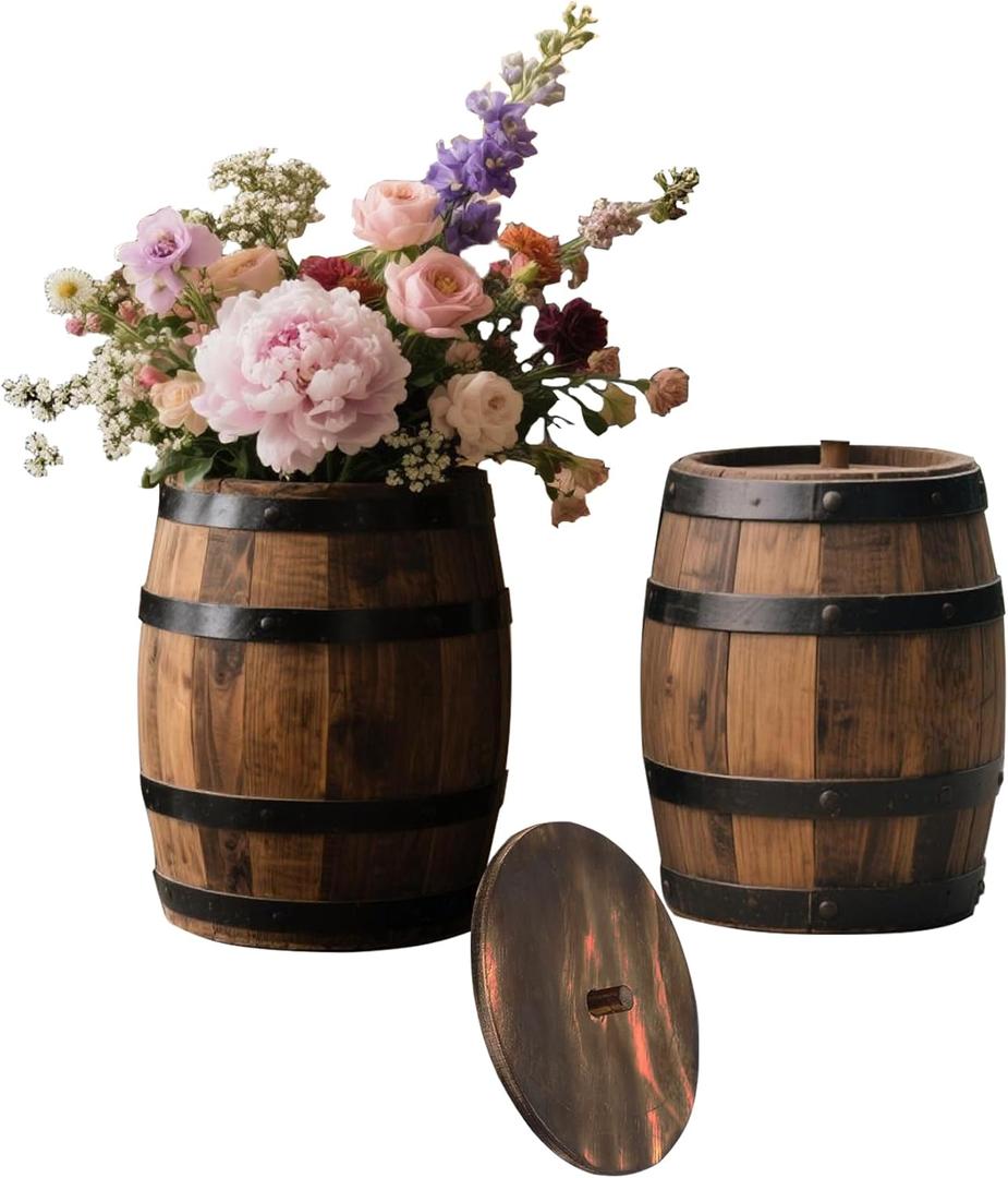2 Pcs Wood Wine Barrel Vase 6" x 5" Rustic Wooden Flower Vase Planter for Wedding Reception, Home Indoor Outdoor Garden, Kitchen, Party Table Decoration