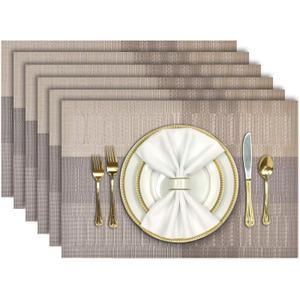 Aofmee Placemats, Placemats Set of 6, Heat Resistant Place Mats, Washable PVC Table Mats, Woven Vinyl Plastic Placemats for Dining Table, Non-Slip Stain Resistant Kitchen Table Placemats Easy to Clean (Gold)