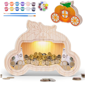 Wooden Piggy Bank for Kid, DIY Night Light Personalized Money Bank for Boy, Girls, Unbreakable Saving Box with Paintbrush and 12 Paints, Coin Jar Gifts for Kid Birthday&Decor (Carriage)