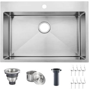 VAPSINT 28x18 Inch Drop in Kitchen Sink, 28 Inch Top Mount 16 Gauge Commercial T304 Stainless Steel Kitchen Sink, 9 Inch Deep Handmade Single Bowl Basin for Laundry Utility Wet Prep Sink, Fregadero