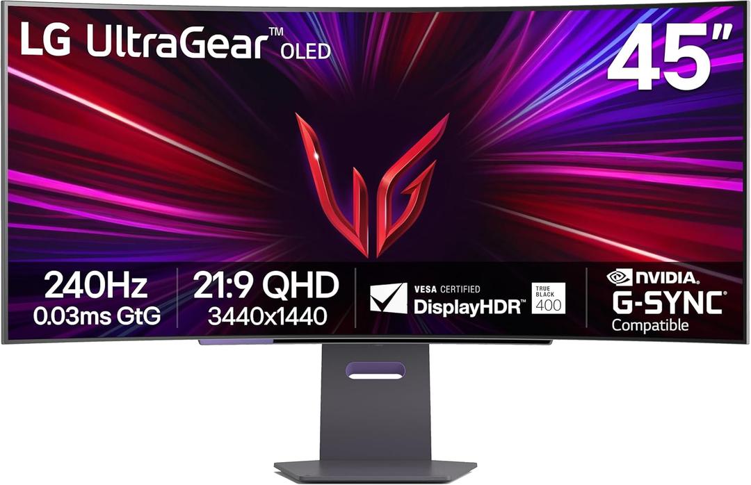 LG 45GS95QE Ultragear OLED Curved Gaming Monitor 45-Inch WQHD 800R 240Hz 0.03ms DisplayHDR True Black 400 AMD FreeSync Premium Pro NVIDIA G-Sync HDMI 2.1 DisplayPort Tilt/Height/Swivel Stand - Black