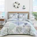 WONGS BEDDING Comforter Set King Size, Coastal Beach Theme Bedding Set, 7 Pieces Ocean Nautical Seaweed & Starfish Summer Bed in a Bag Holiday Sea House Comforters with Sheets(104"90")