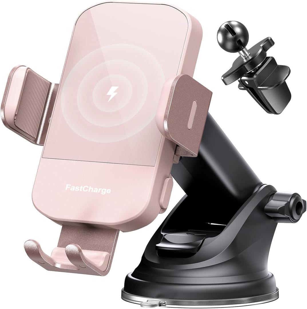 Wireless Car Charger, 15W Fast Charging Auto Clamping Car Charger Phone Mount Phone Holder fit for iPhone 15 14 13 12 11 Pro Max Xs, Samsung Galaxy S24 Ultra S23 S22 S21, S20, S10+, Pink