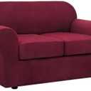 H.VERSAILTEX 3 Piece Stretch Sofa Covers for 2 Cushion Loveseat Couch Covers for Living Room Furniture Cover (Base Cover Plus 2 Seat Cushion Covers) Thicker Jacquard Fabric(Medium Sofa, Burgundy)