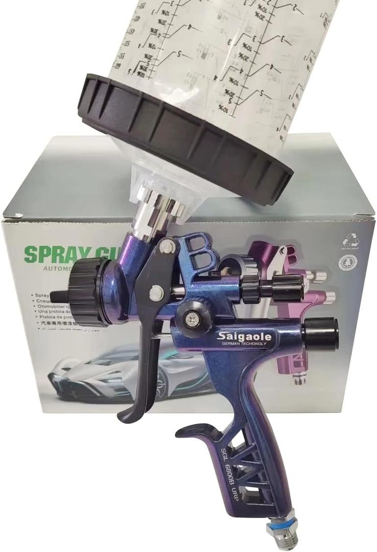 HVLP 6800B spray gun 1.3mm with no wash cup and adapter car spayer painting tool spray air paint gun airbrush low pressure 260L/MIn (Blue)