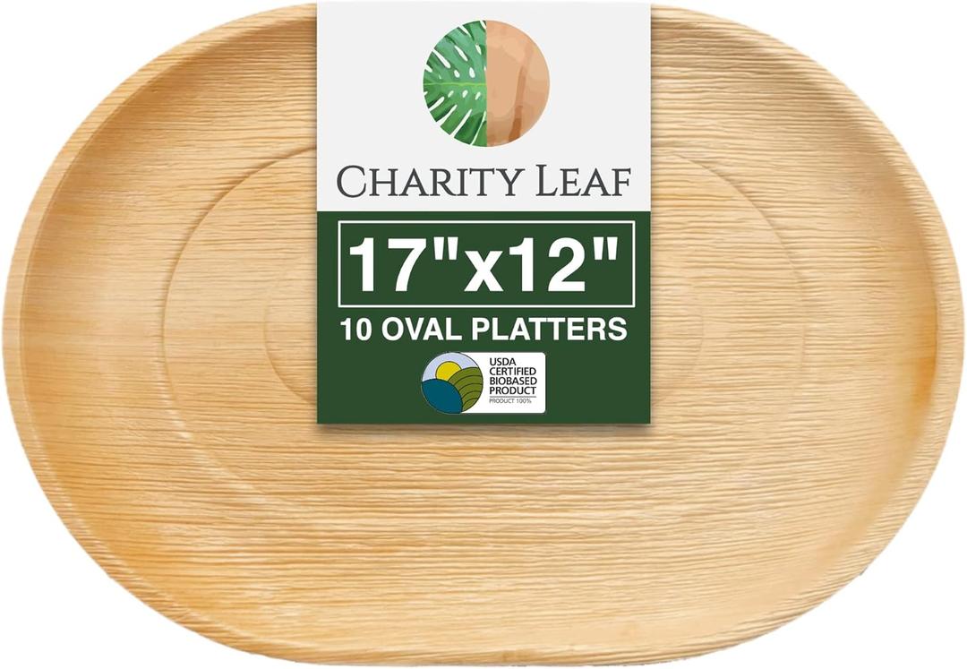 Charity Leaf Disposable Palm Leaf 17" x 12" Trays (10 pieces) Bamboo Like Serving Platters, Disposable Boards, Eco-Friendly Dinnerware For Weddings, Catering, Events