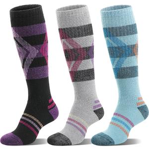 3 Pairs Merino Wool Ski Socks for Womens Mens Thermal Winter Warm Thick Knee High Socks for Skiing Snowboarding (Medium, Blue / Black / Grey)