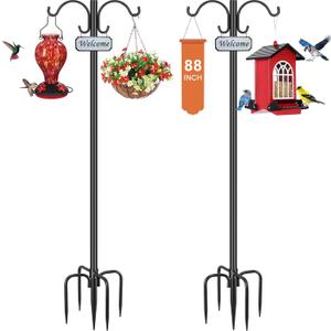 Heavy Duty Double Shepherd Hooks for Outdoor 1-in Dia with 5-Prong Base, 88inch Adjustable Decorative Metal Bird Feeder Pole for Hanging Bird Nest, Plant Basket,Lantern,Solar Light 2 Pack