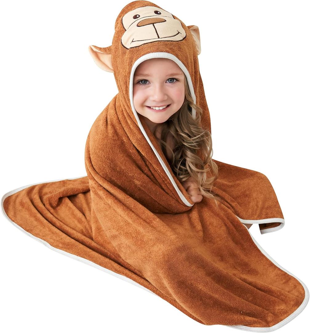 HIPHOP PANDA Hooded Towel - Rayon Made from Bamboo, Bath Towel with Bear Ears for Newborn, Babie, Toddler, Infant - Absorbent Large Baby Towel - Monkey, 37.5 x 37.5 Inch