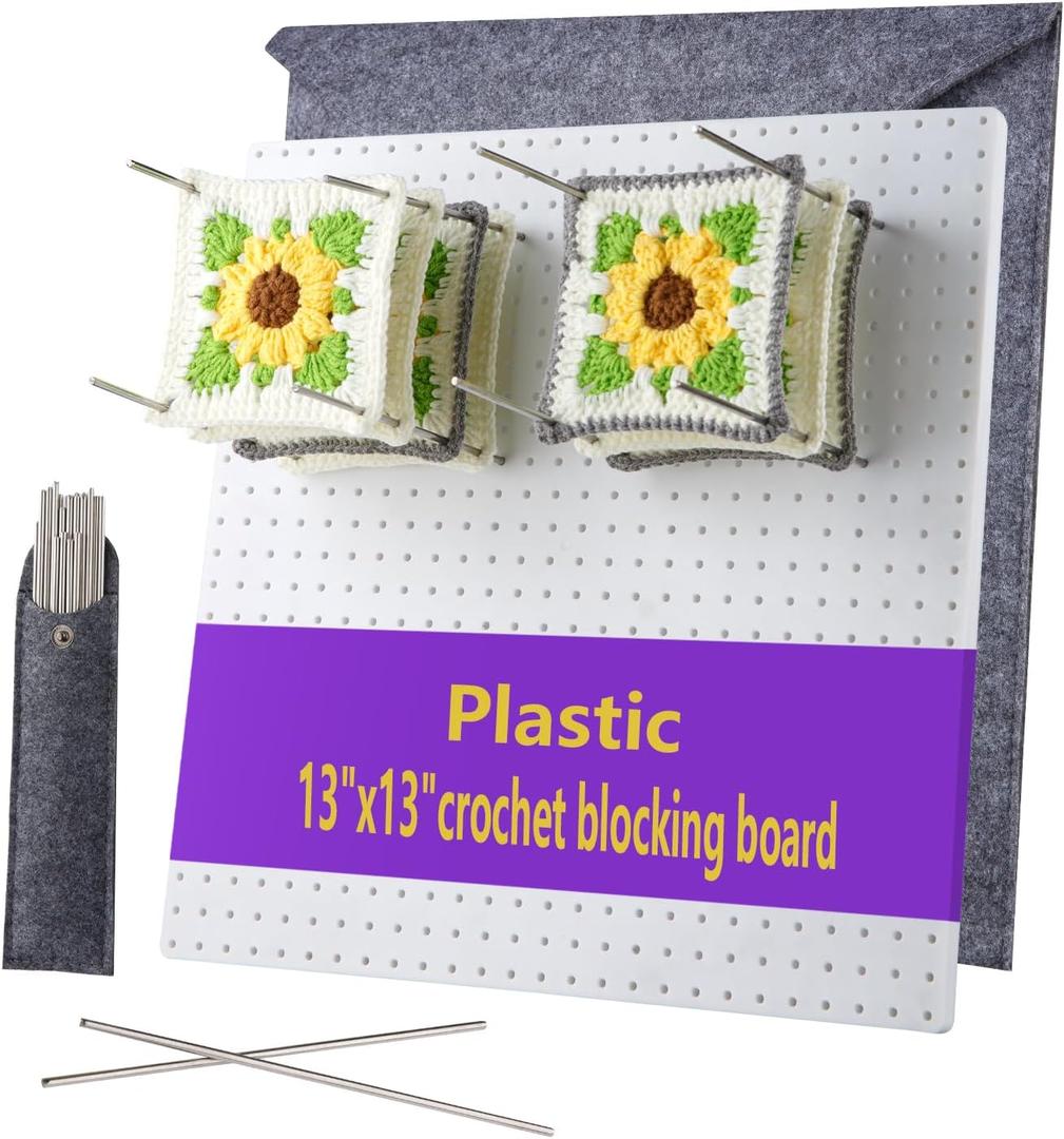 13Crochet Blocking Board with 20 Pegs/Pins Granny Square Blocking Boards for Crochet Projects,Plastic Waterproof Crochet Peg Blocking Board Gift for Crocheters and Beginners (Large-13 X13inche)