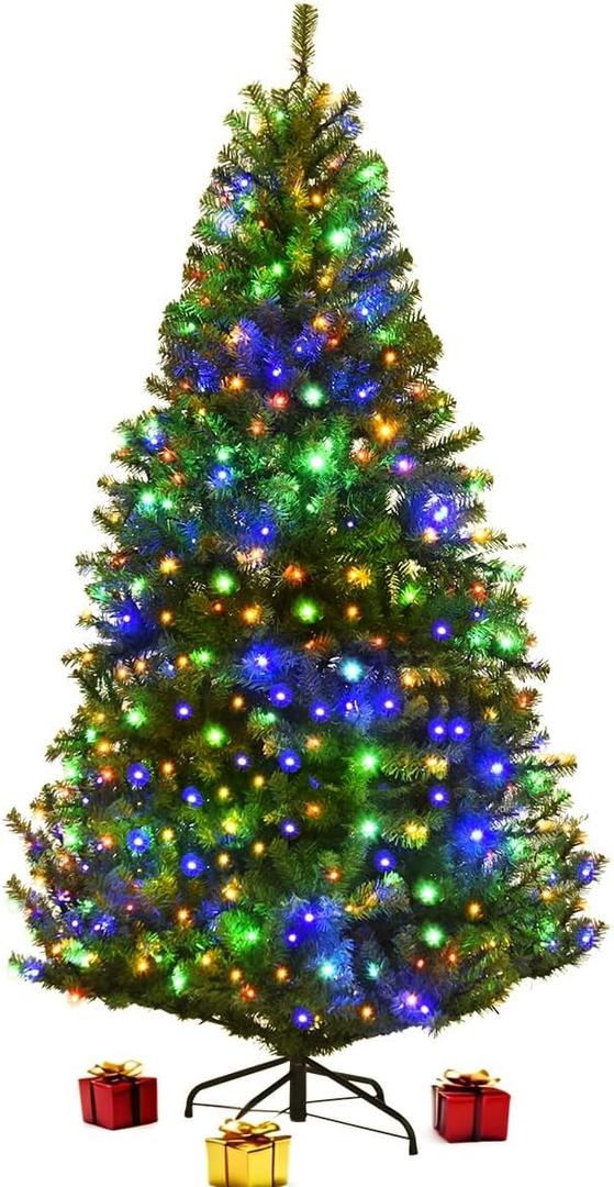 6 FT Pre-lit Christmas Tree, Artificial Xmas Tree with 350 Warm White & Multicolored Lights, 11 Modes, 1000 Branch Tips, Metal Support, Holiday Decoration Fake Tree for Home, Office, Party