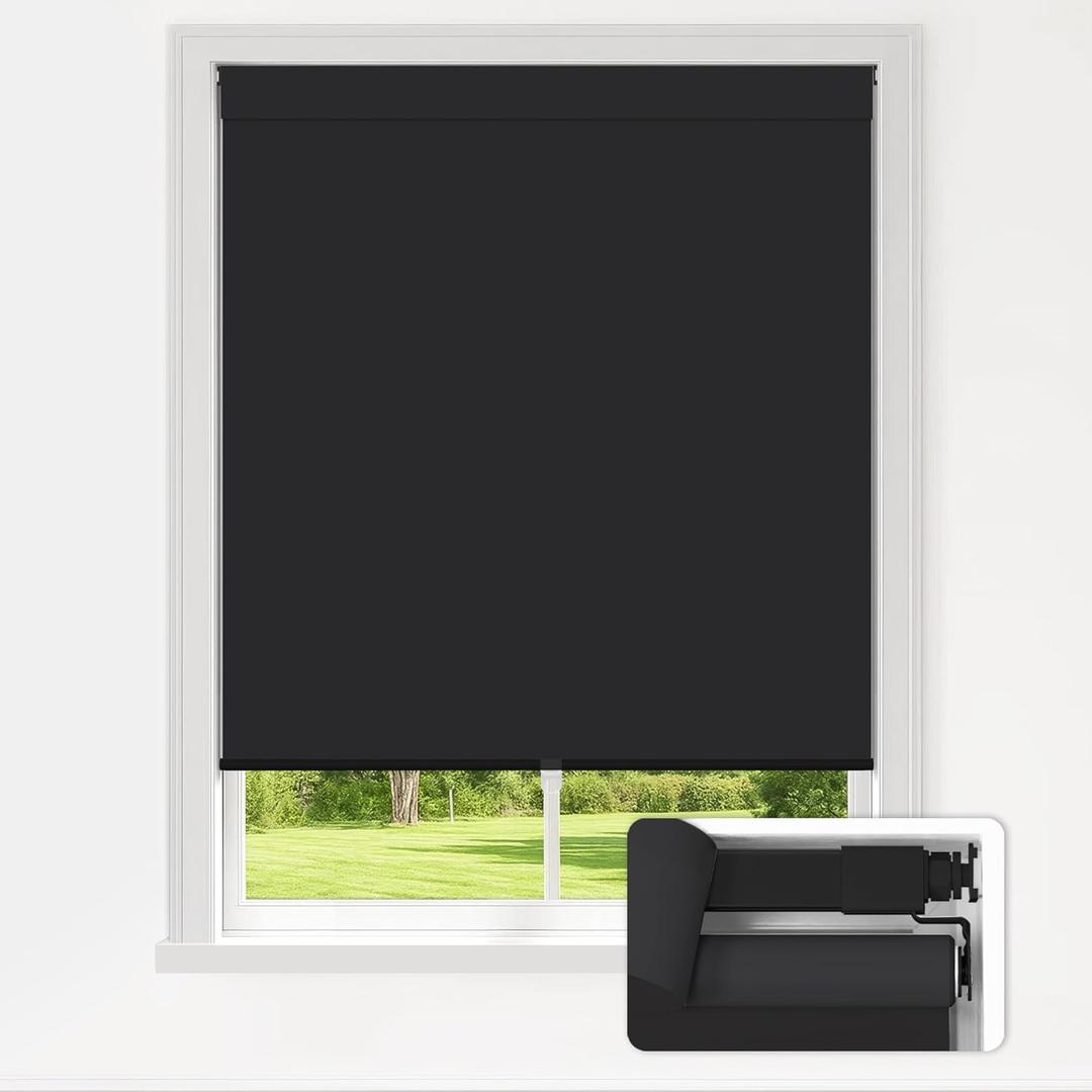 LazBlinds No Drill Blinds for Indoor Windows, Blackout Roller Shades, Cordless Window Blackout Blinds, Thermal Insulated Fabric UV Protection for Home and Office, 20" W x 72" H, Black
