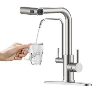 APPASO Waterfall Kitchen Faucet with Water FilterWithout Water Filtration Device2 Handle Kitchen Sink Faucet, Brushed Nickel Kitchen Faucet with Pull Down Sprayer - 3 in 1 Kitchen Sink Faucet