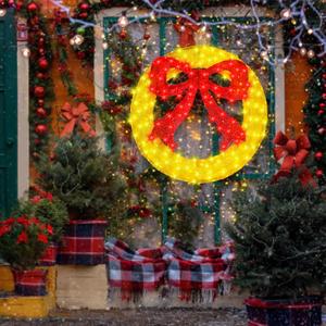 Outdoor Christmas Wreath Decoration - 36" Bright LED Christmas Wreath Lights with Bow, Large Lighted Christmas Wreaths Window Lights for Wall, Windows, Front Door Decor, Red Bow - Gold Wreath