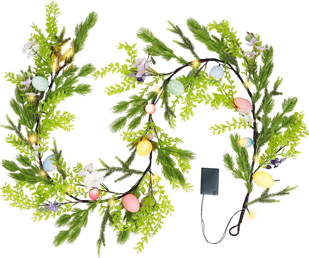 DR.DUDU 6 FT Lighted Easter Garland, Easter Decorations for Home, Egg Garland Spring Fireplace Mantel Decor, Indoor & Outdoor Holiday Parties Display (Style 2)