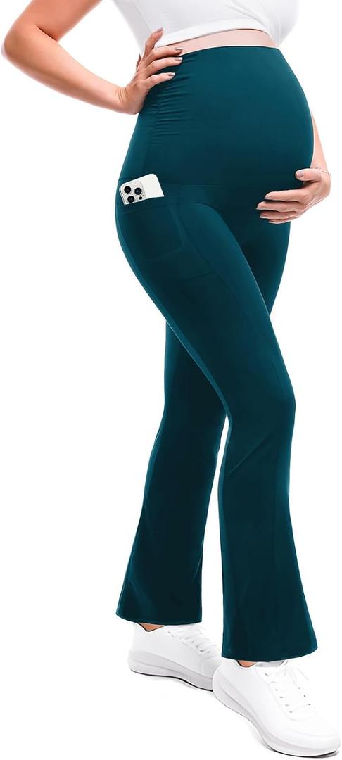 Leafigure Maternity Flare Leggings with Pockets Over The Belly Yoga Pants for Workout Soft Pregnancy Activewear Teal M