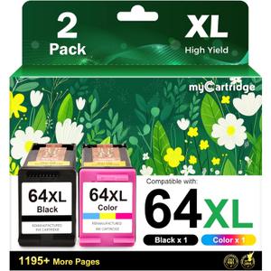 myCartridge Ink 64 Black and Color Ink Cartridge Replacement for HP 64XL Ink Cartridge Combo Pack Compatible with HP Envy Photo 7855 7858 7155 7158 7900 7800 6255 6258 Tango X Terra,2-Pack